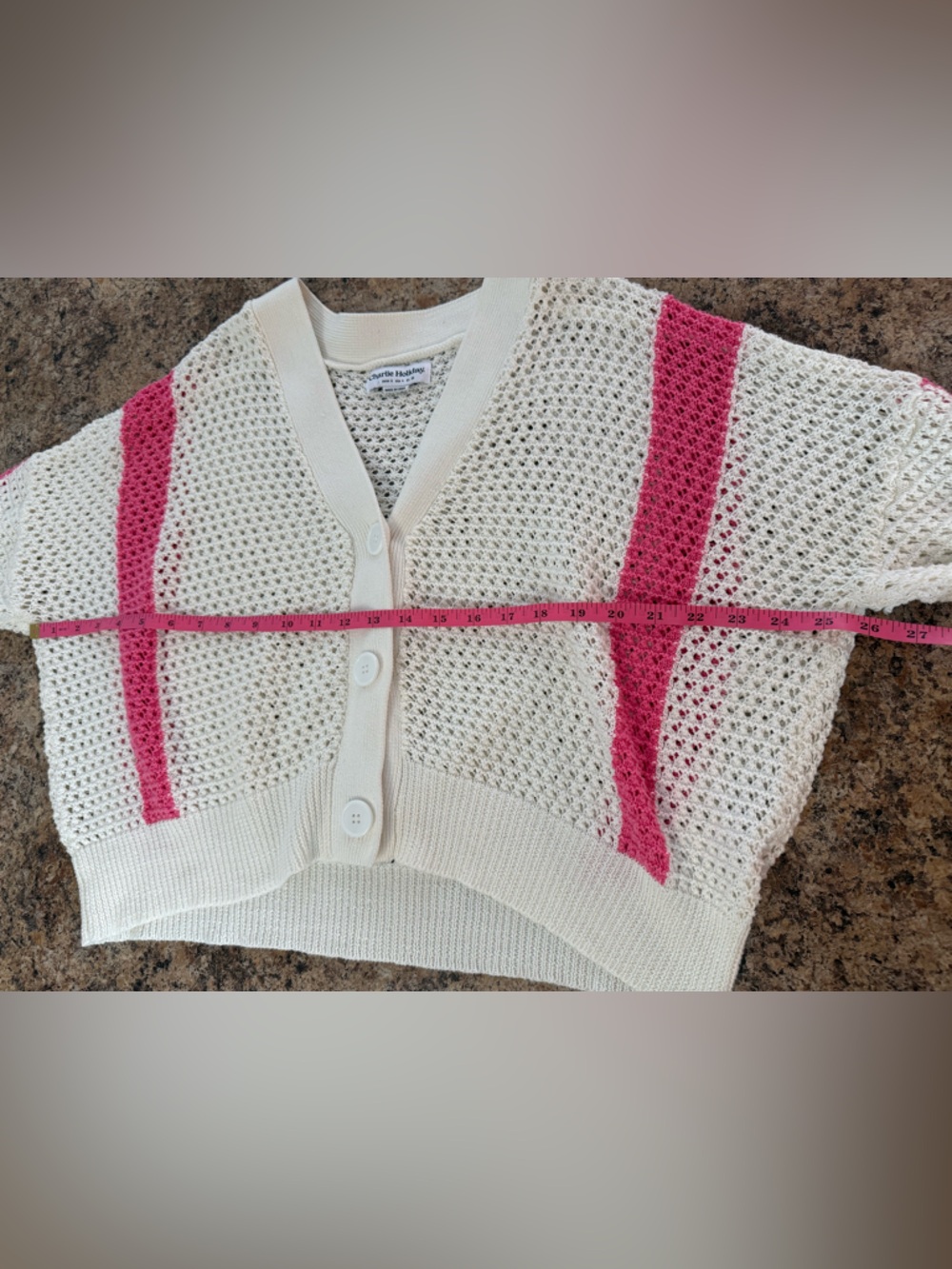 Anthropologie Charlie Holiday Cream Open Knit Cardigan with Bright Pink Stripes - Picture 5 of 6